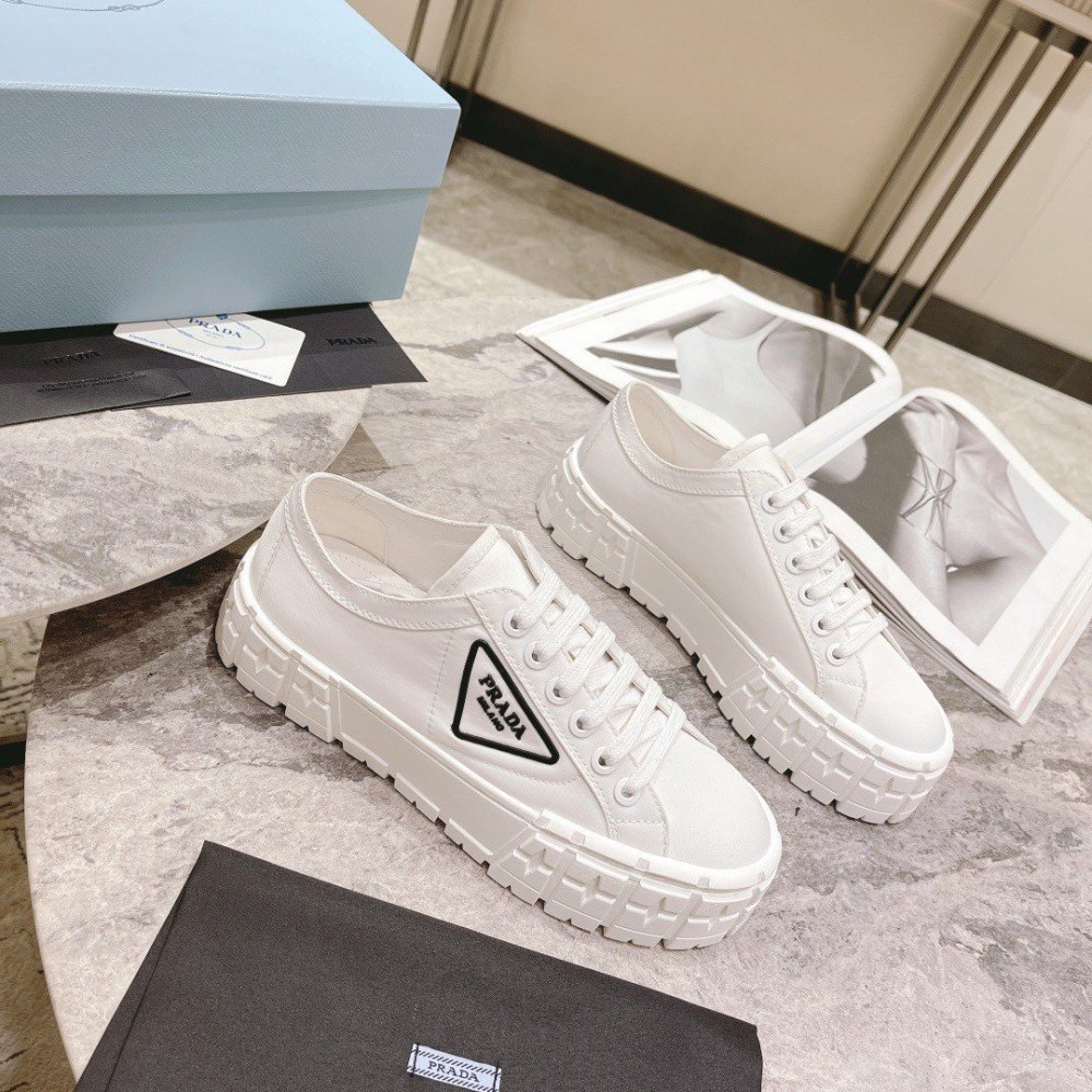 Cheap Reps Prada Double Wheel Sneakers In White Nylon Gabardine