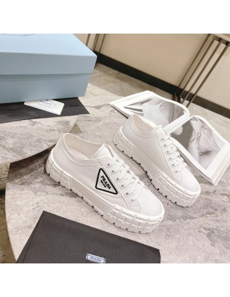 Cheap Reps Prada Double Wheel Sneakers In White Nylon Gabardine