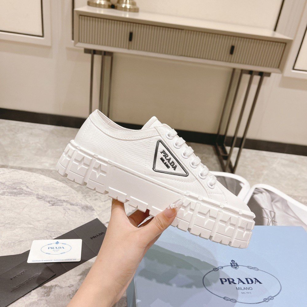 Cheap Reps Prada Double Wheel Sneakers In White Nylon Gabardine
