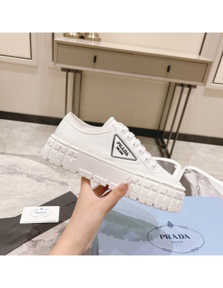 Cheap Reps Prada Double Wheel Sneakers In White Nylon Gabardine