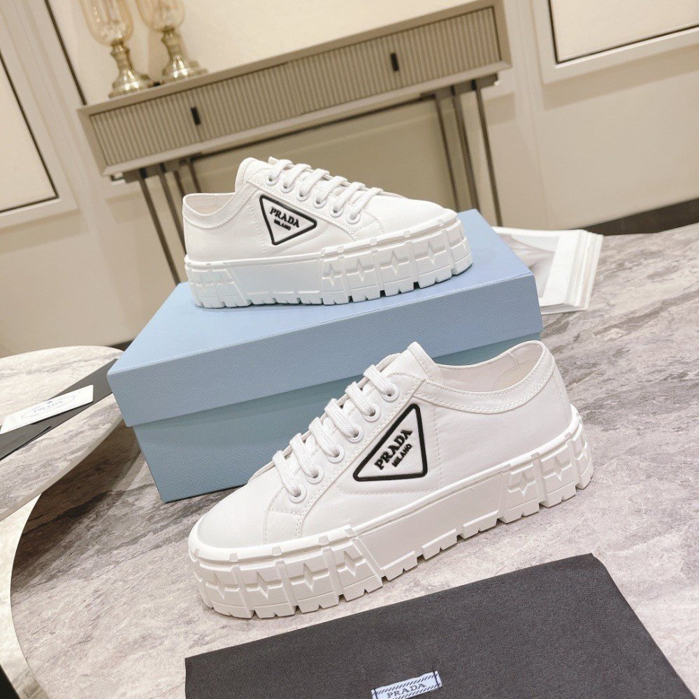 Cheap Reps Prada Double Wheel Sneakers In White Nylon Gabardine