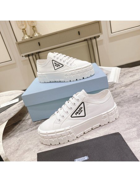 Cheap Reps Prada Double Wheel Sneakers In White Nylon Gabardine