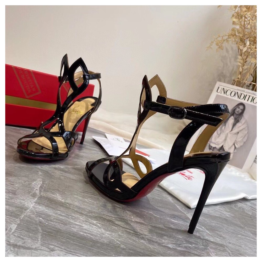 Cheap Reps Christian Louboutin Double L 100mm Sandals In Black Patent Leather