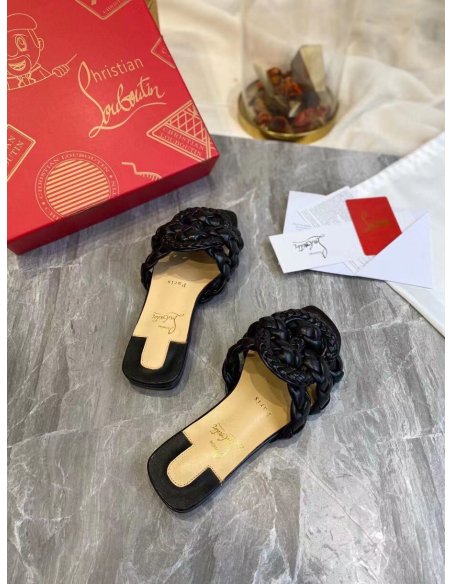 Cheap Reps Christian Louboutin Marmela Flat Sandals In Black Lambskin