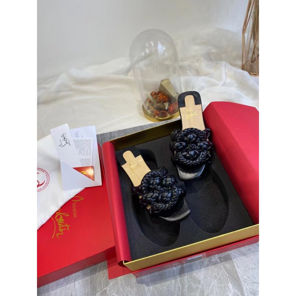 Cheap Reps Christian Louboutin Marmela Flat Sandals In Black Lambskin