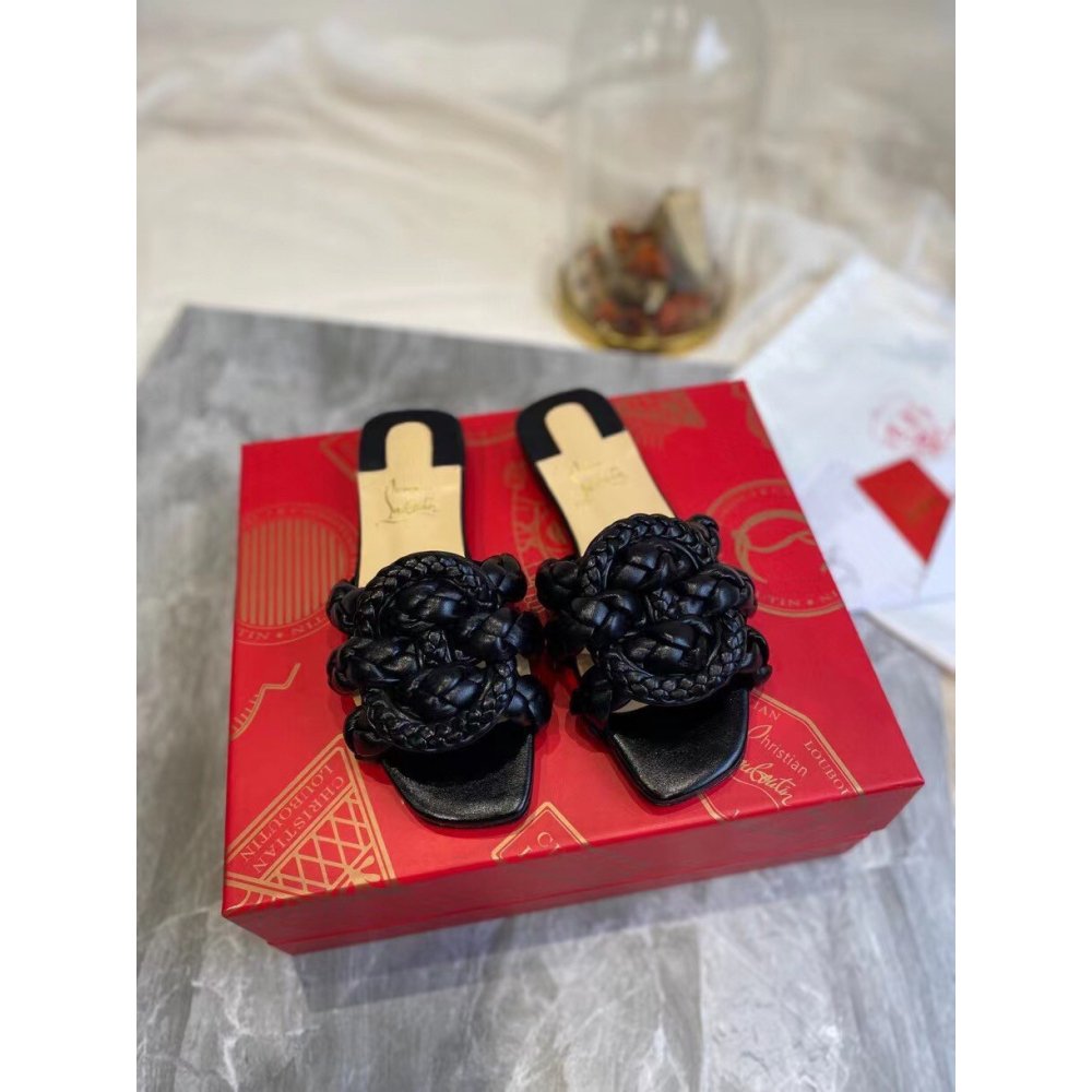 Cheap Reps Christian Louboutin Marmela Flat Sandals In Black Lambskin