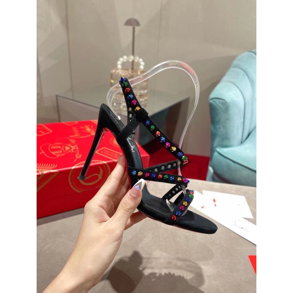Cheap Reps Christian Louboutin Spikita Strap 100mm Sandals In Black Suede