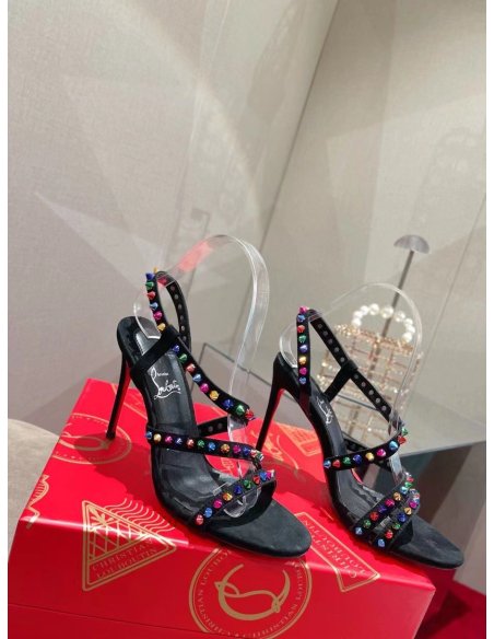 Cheap Reps Christian Louboutin Spikita Strap 100mm Sandals In Black Suede