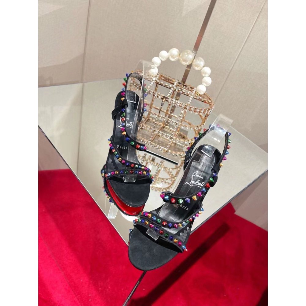 Cheap Reps Christian Louboutin Spikita Strap 100mm Sandals In Black Suede