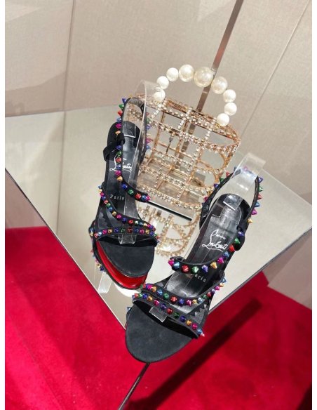 Cheap Reps Christian Louboutin Spikita Strap 100mm Sandals In Black Suede