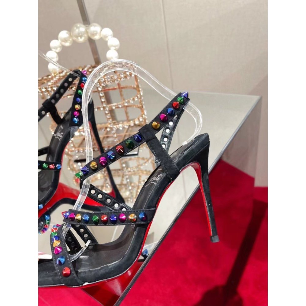 Cheap Reps Christian Louboutin Spikita Strap 100mm Sandals In Black Suede