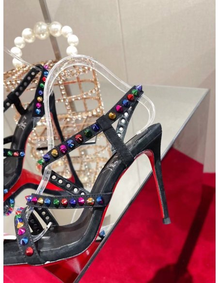 Cheap Reps Christian Louboutin Spikita Strap 100mm Sandals In Black Suede