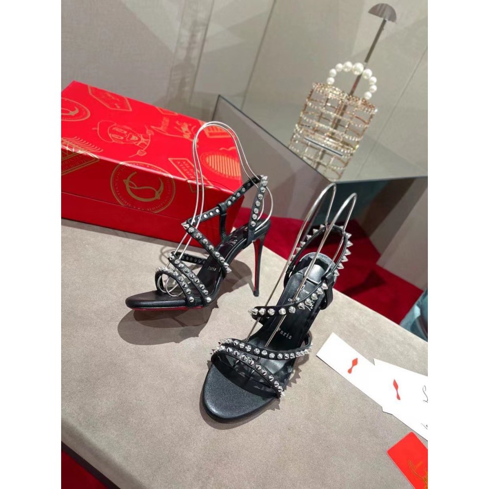 Cheap Reps Christian Louboutin Spikita Strap 100mm Sandals In Black  Leather