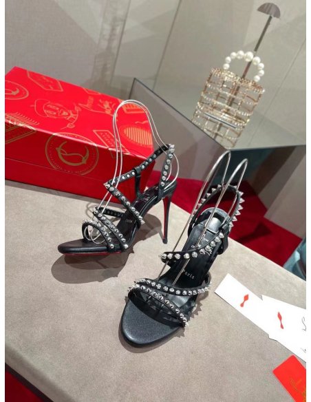 Cheap Reps Christian Louboutin Spikita Strap 100mm Sandals In Black  Leather