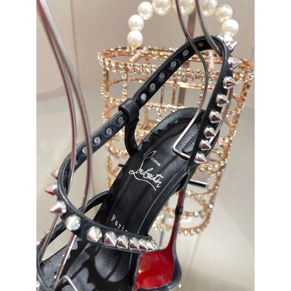 Cheap Reps Christian Louboutin Spikita Strap 100mm Sandals In Black  Leather