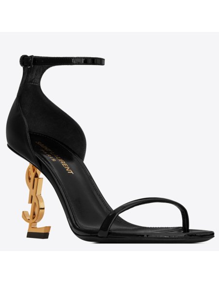 Cheap Reps Saint Laurent Opyum 85mm Sandals in Black Patent Leather with Gold YSL Heel
