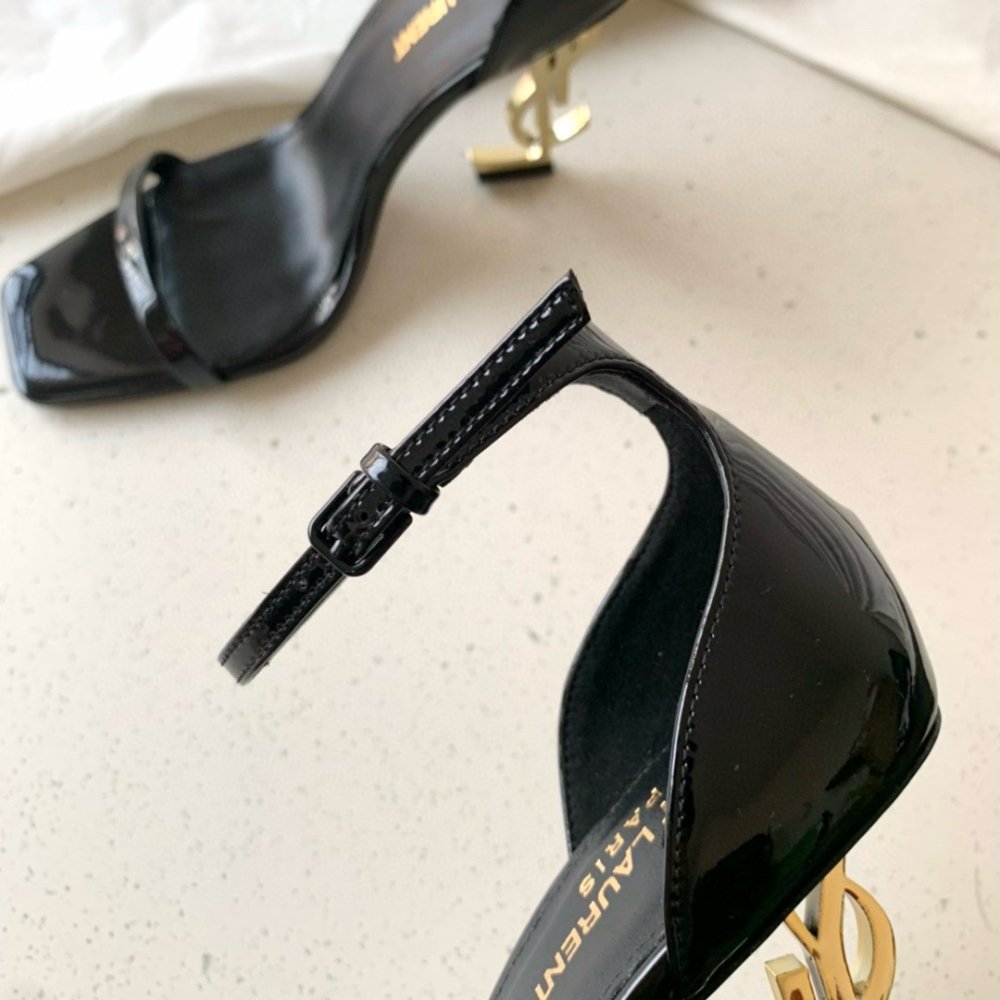 Cheap Reps Saint Laurent Opyum 85mm Sandals in Black Patent Leather with Gold YSL Heel