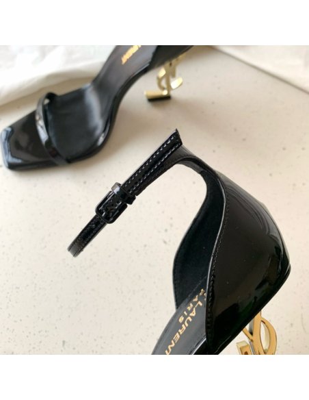Cheap Reps Saint Laurent Opyum 85mm Sandals in Black Patent Leather with Gold YSL Heel