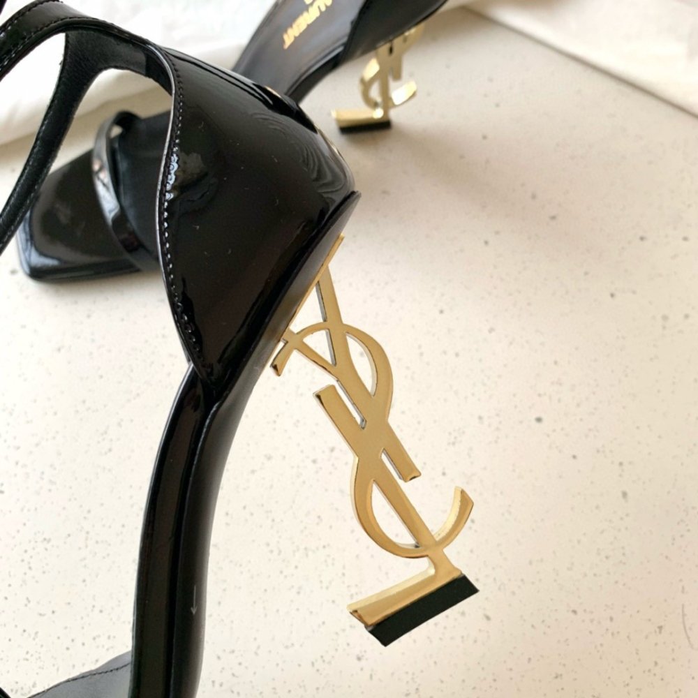 Cheap Reps Saint Laurent Opyum 85mm Sandals in Black Patent Leather with Gold YSL Heel