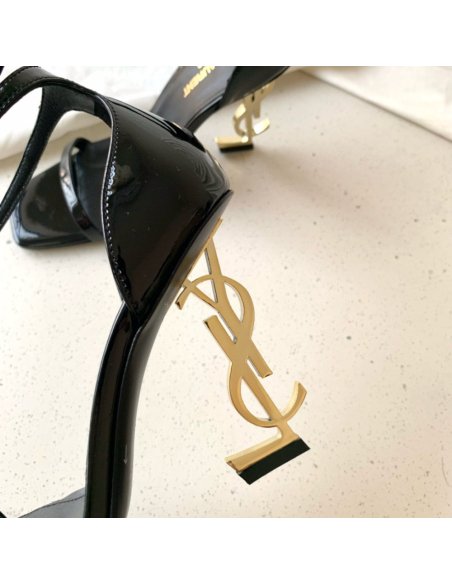 Cheap Reps Saint Laurent Opyum 85mm Sandals in Black Patent Leather with Gold YSL Heel