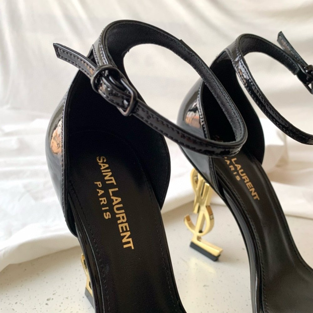 Cheap Reps Saint Laurent Opyum 85mm Sandals in Black Patent Leather with Gold YSL Heel