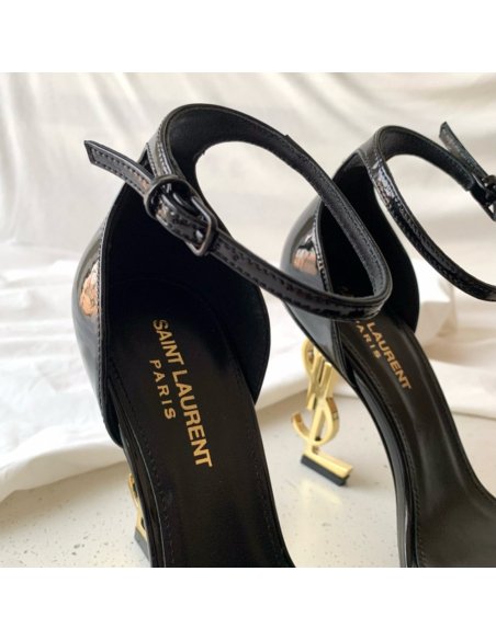 Cheap Reps Saint Laurent Opyum 85mm Sandals in Black Patent Leather with Gold YSL Heel