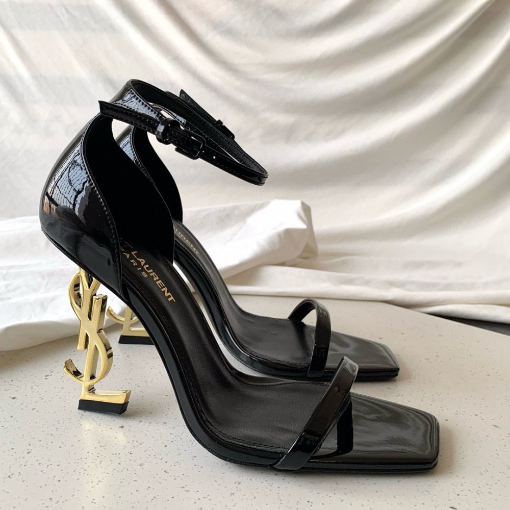 Cheap Reps Saint Laurent Opyum 85mm Sandals in Black Patent Leather with Gold YSL Heel