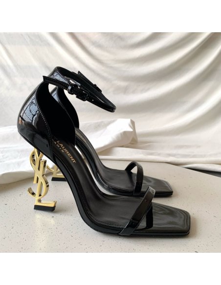 Cheap Reps Saint Laurent Opyum 85mm Sandals in Black Patent Leather with Gold YSL Heel