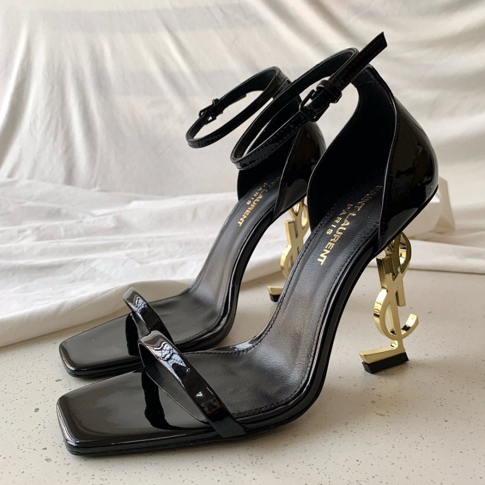 Cheap Reps Saint Laurent Opyum 85mm Sandals in Black Patent Leather with Gold YSL Heel