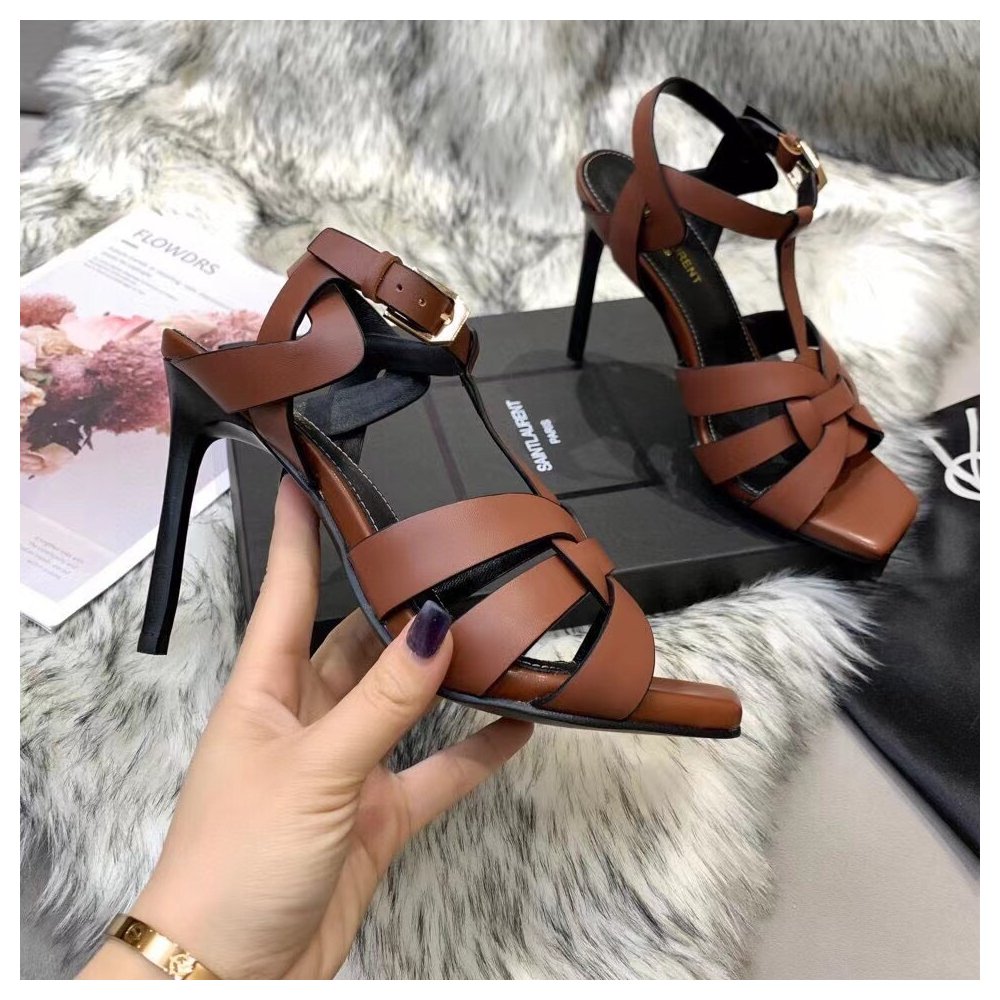 Cheap Reps Saint Laurent Tribute Sandals 105 In Brown Calfskin
