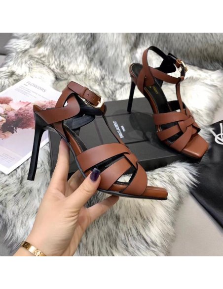Cheap Reps Saint Laurent Tribute Sandals 105 In Brown Calfskin