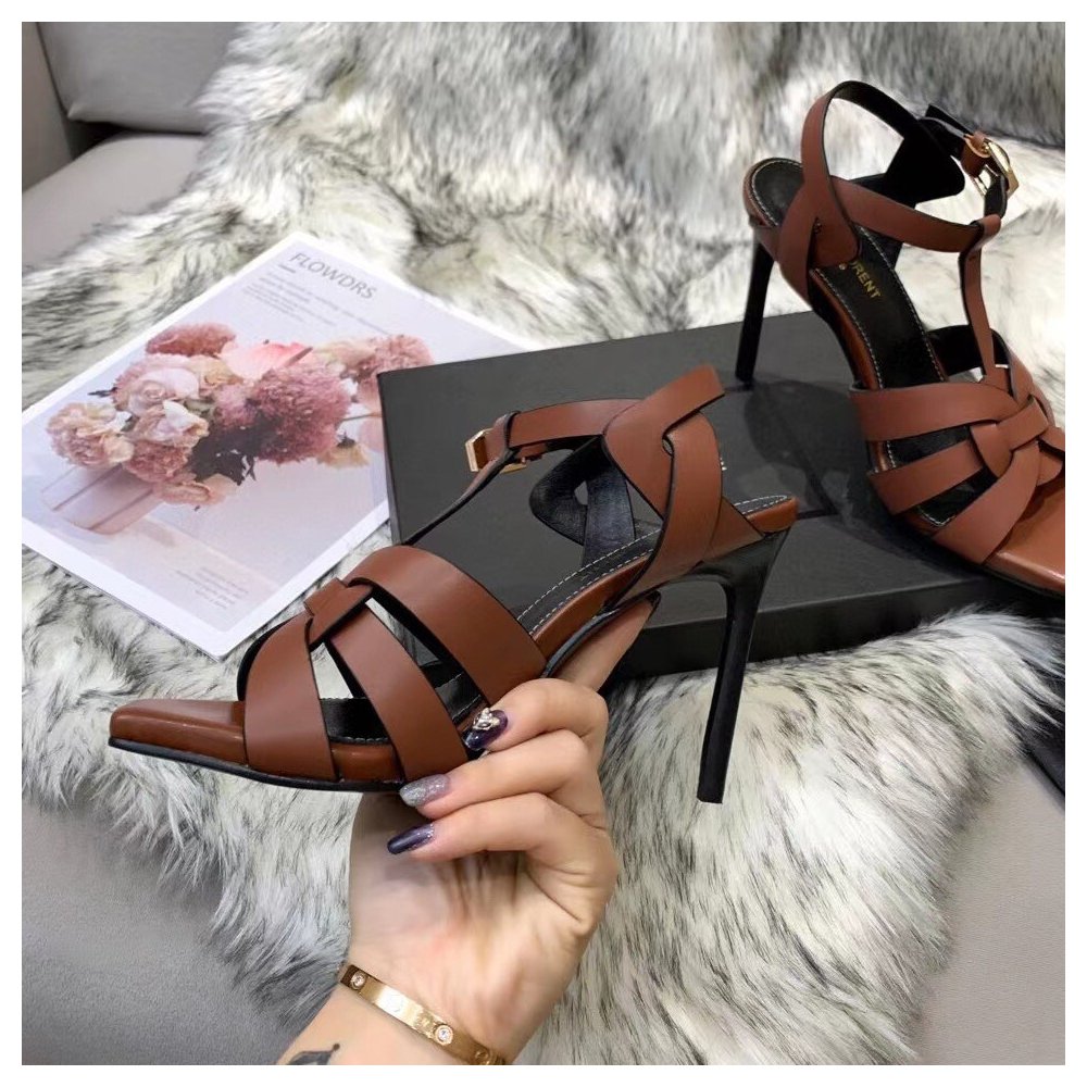 Cheap Reps Saint Laurent Tribute Sandals 105 In Brown Calfskin