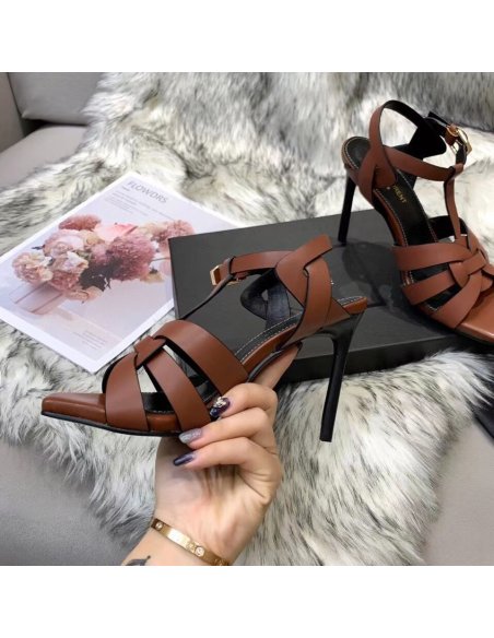 Cheap Reps Saint Laurent Tribute Sandals 105 In Brown Calfskin