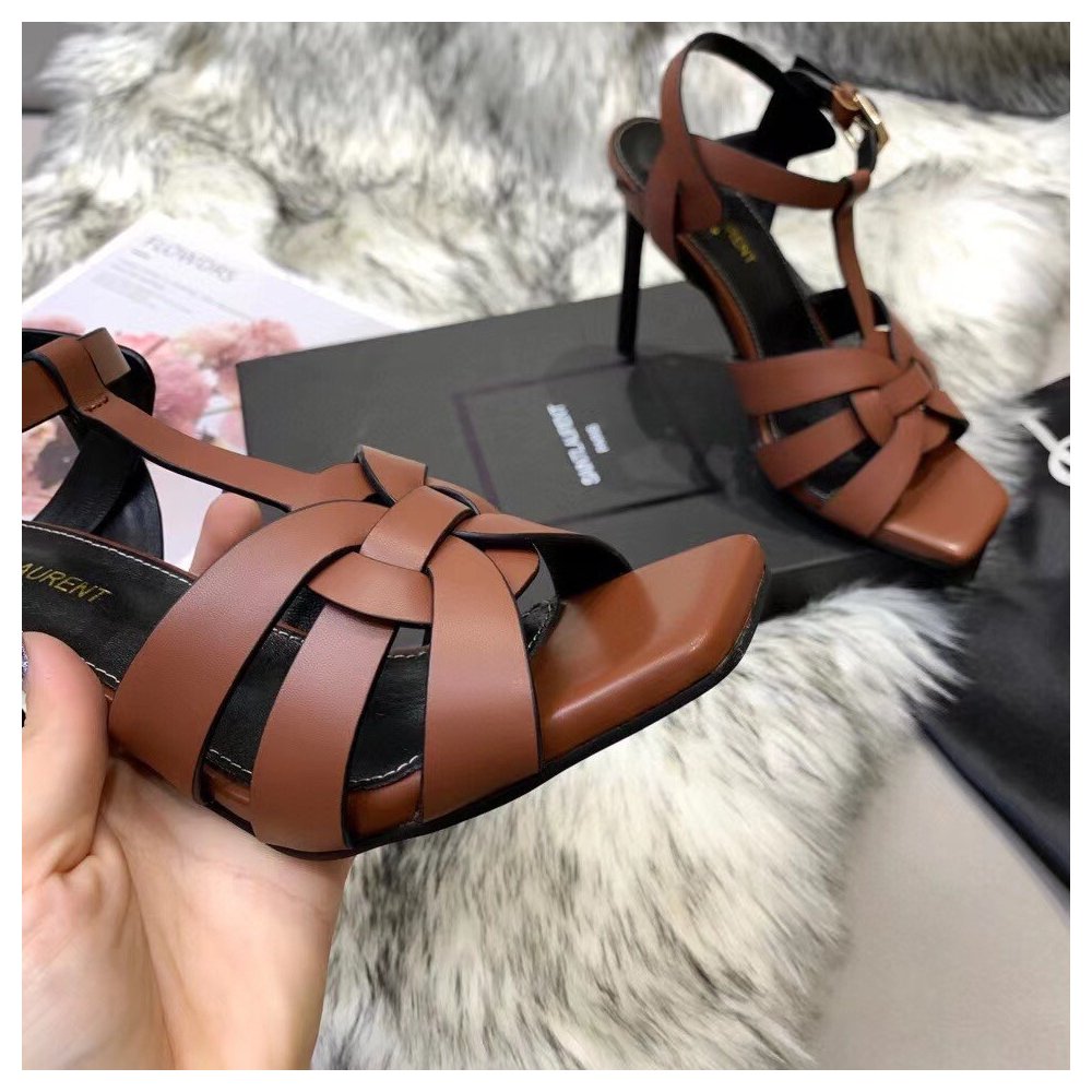 Cheap Reps Saint Laurent Tribute Sandals 105 In Brown Calfskin