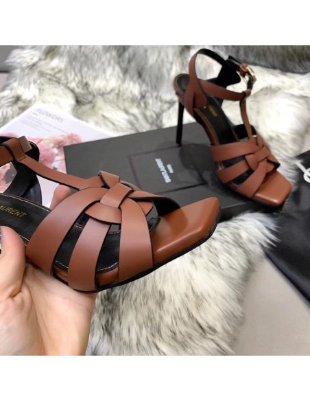 Cheap Reps Saint Laurent Tribute Sandals 105 In Brown Calfskin
