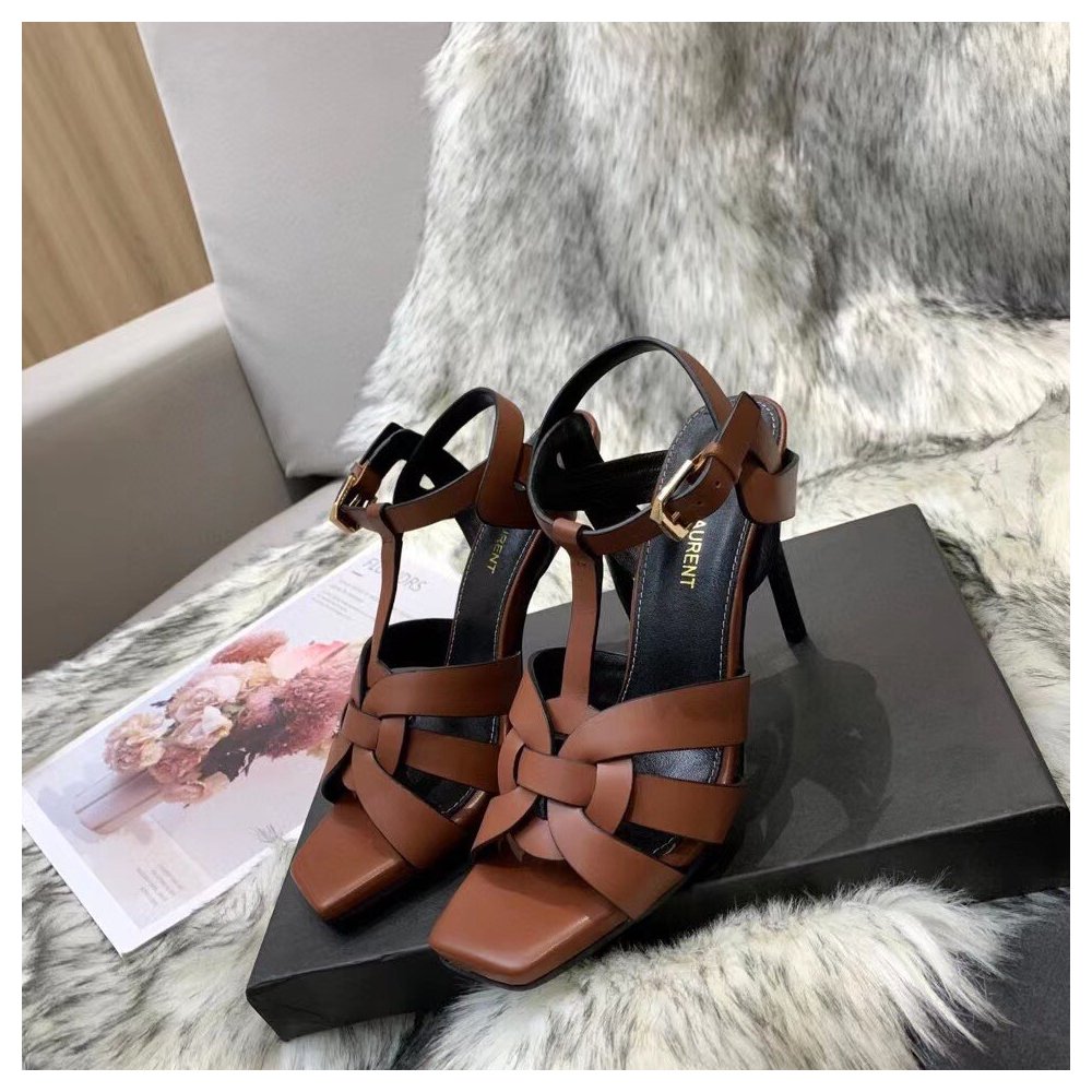 Cheap Reps Saint Laurent Tribute Sandals 105 In Brown Calfskin
