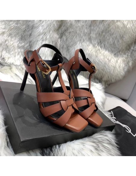 Cheap Reps Saint Laurent Tribute Sandals 105 In Brown Calfskin