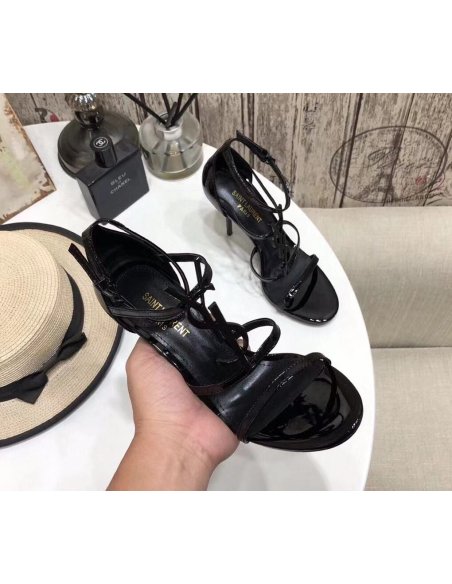 Cheap Reps Saint Laurent Cassandra 100 Sandals In Black Patent Leather