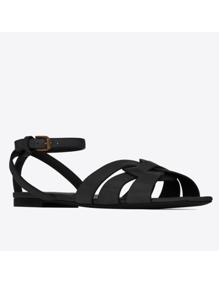 Cheap Reps Saint Laurent Tribute Flat Sandals In Black Calfskin
