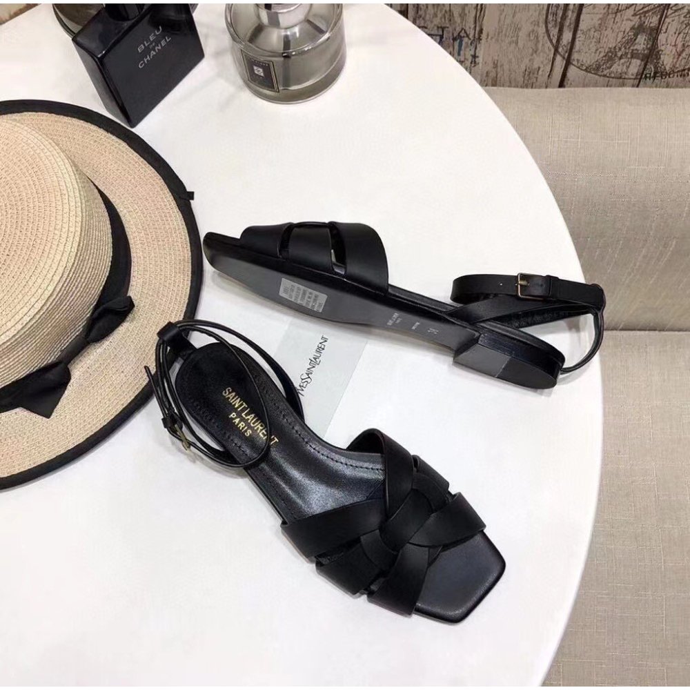 Cheap Reps Saint Laurent Tribute Flat Sandals In Black Calfskin