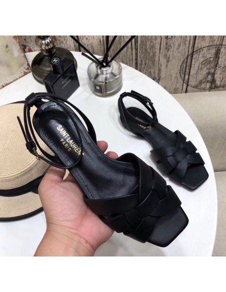 Cheap Reps Saint Laurent Tribute Flat Sandals In Black Calfskin