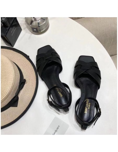 Cheap Reps Saint Laurent Tribute Flat Sandals In Black Calfskin