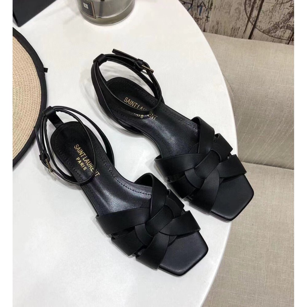 Cheap Reps Saint Laurent Tribute Flat Sandals In Black Calfskin