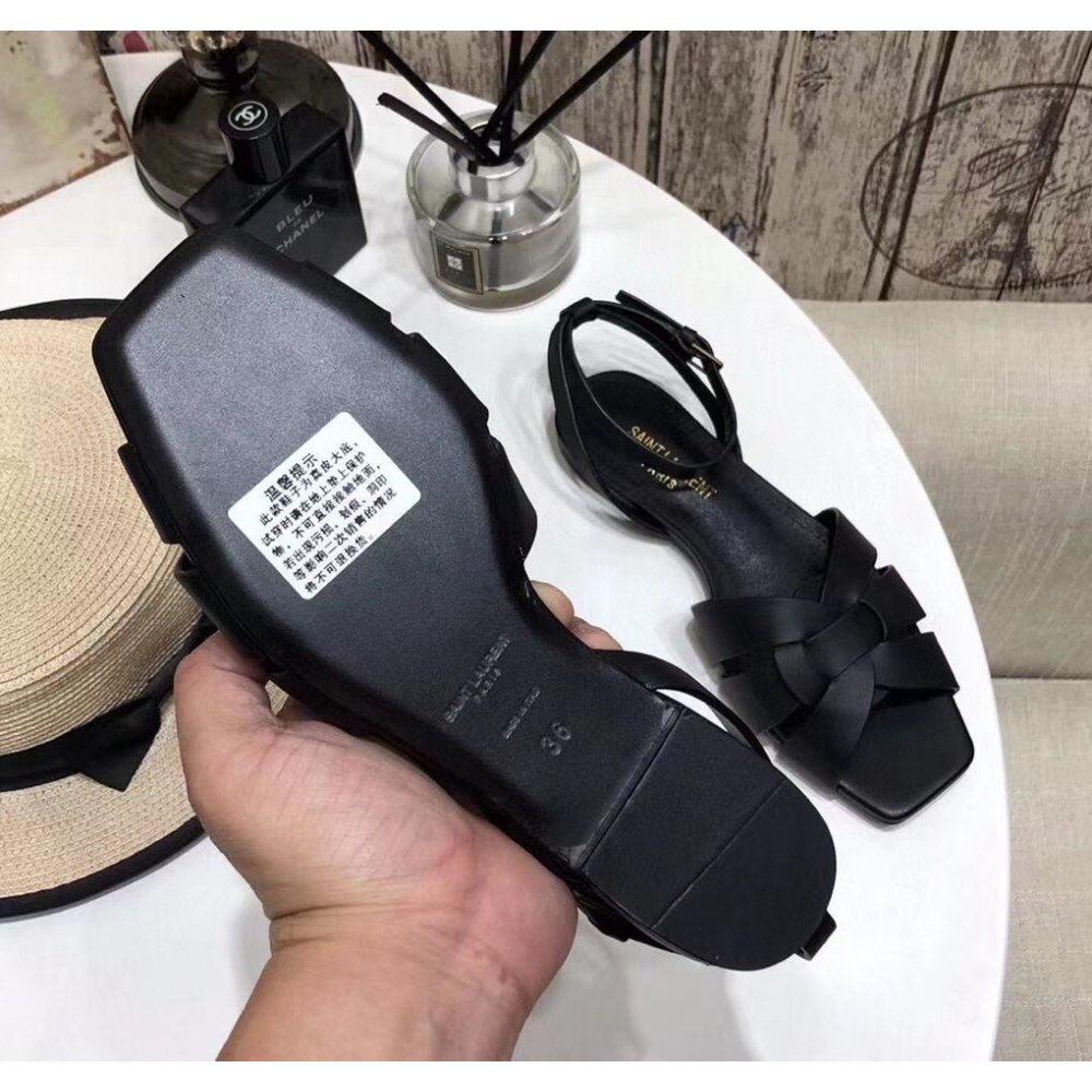 Cheap Reps Saint Laurent Tribute Flat Sandals In Black Calfskin