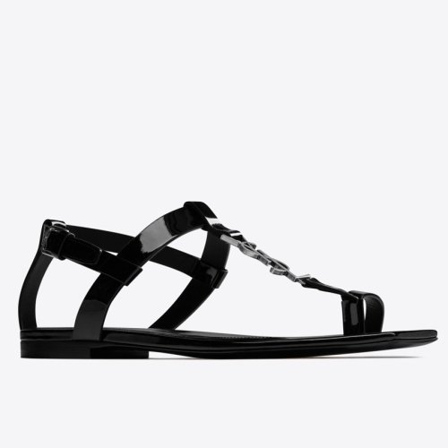 Cheap Reps Saint Laurent Cassandra Flat Sandals In Black Patent Leather