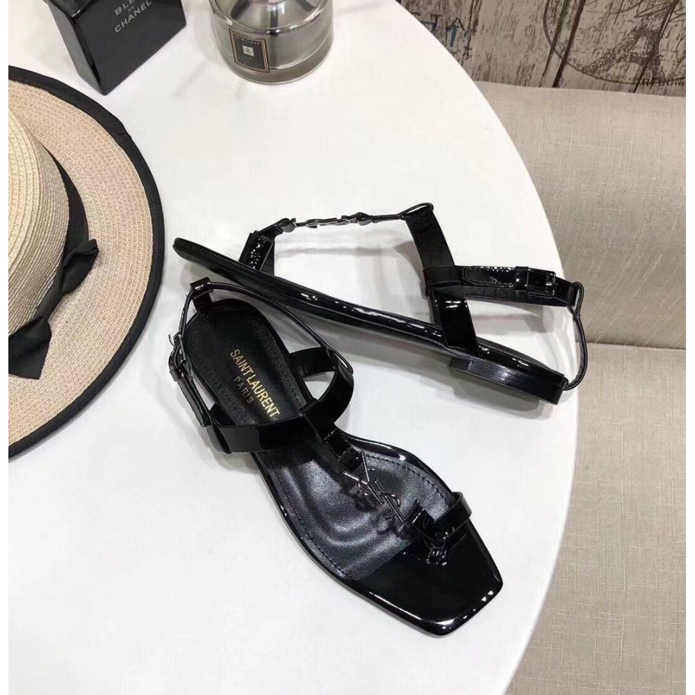 Cheap Reps Saint Laurent Cassandra Flat Sandals In Black Patent Leather