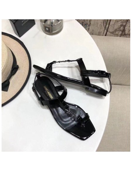 Cheap Reps Saint Laurent Cassandra Flat Sandals In Black Patent Leather
