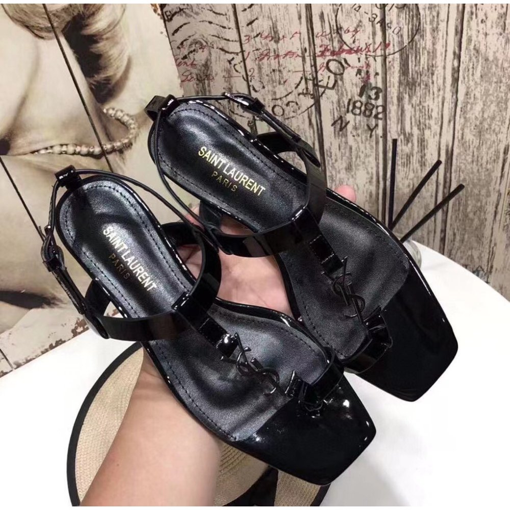 Cheap Reps Saint Laurent Cassandra Flat Sandals In Black Patent Leather