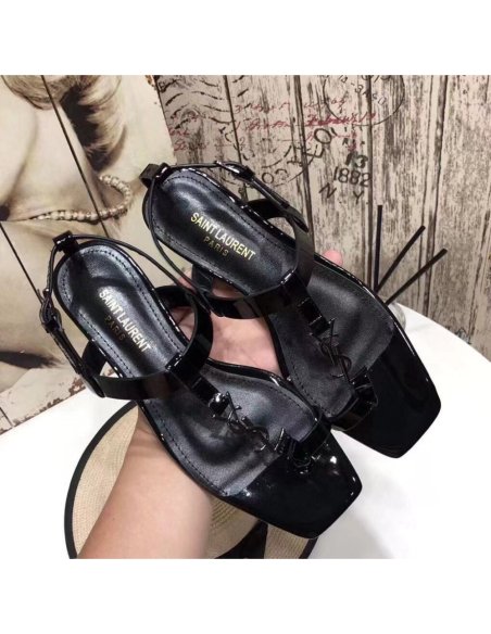 Cheap Reps Saint Laurent Cassandra Flat Sandals In Black Patent Leather
