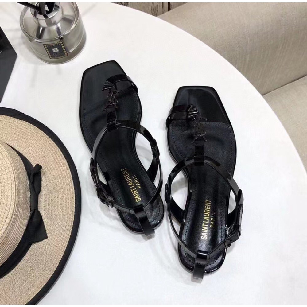 Cheap Reps Saint Laurent Cassandra Flat Sandals In Black Patent Leather